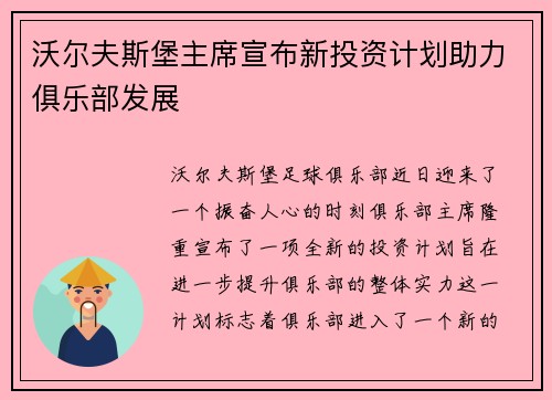 沃尔夫斯堡主席宣布新投资计划助力俱乐部发展