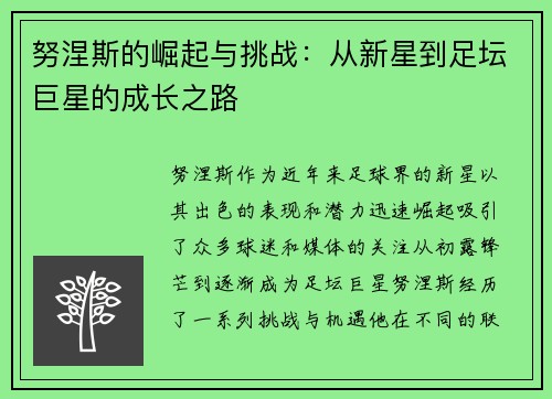 努涅斯的崛起与挑战：从新星到足坛巨星的成长之路