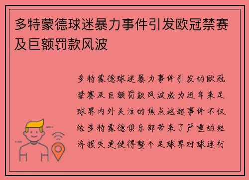 多特蒙德球迷暴力事件引发欧冠禁赛及巨额罚款风波